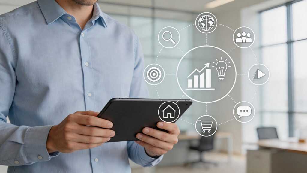 Business Strategy And Digital Marketing Concept With Man Holding Tablet Surrounded By Holographic Icons Representing Global Network, Analytics, Ideas And Communication Tools For