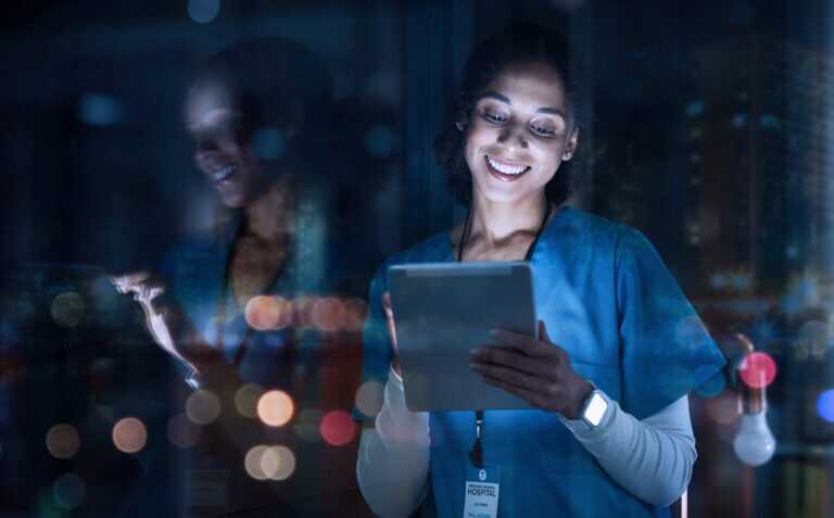 Medical, Research And Night With Doctor And Tablet For Planning, Medicine And Schedule. Technology, Review And Digital With Black Woman Reading Report For Healthcare, Science And Life Insurance News