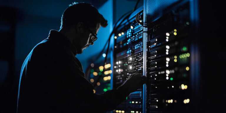 A person working on a server rack with multiple cables and blinking lights, illustrating data management or IT infrastructure.