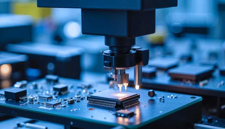 Microchip Assembly Process With Machinery In A Technology Lab