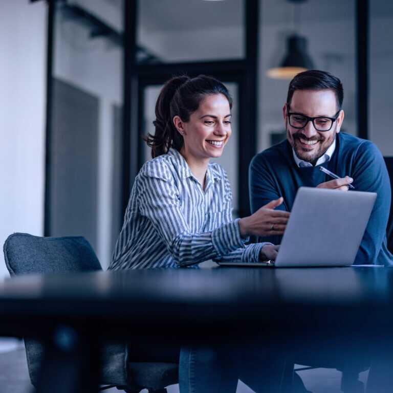 Portrait Of Two Business Colleagues, Looking At Something Online