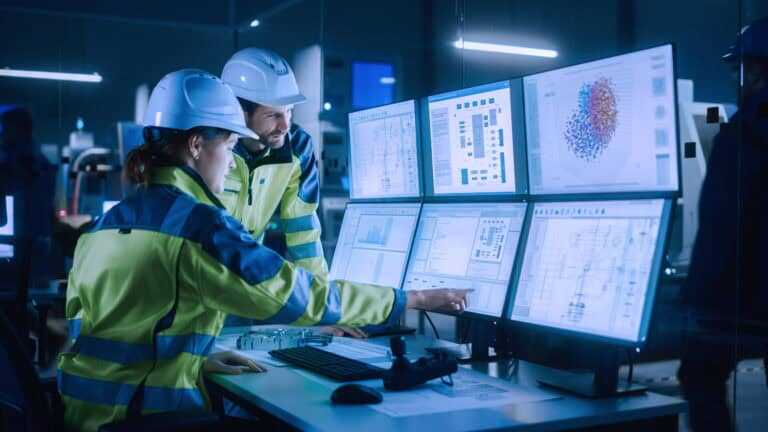 Photograph showing two engineers in high-visibility jackets and helmets working at a control station with six large monitors displaying technical diagrams, data charts, and network visualisations.