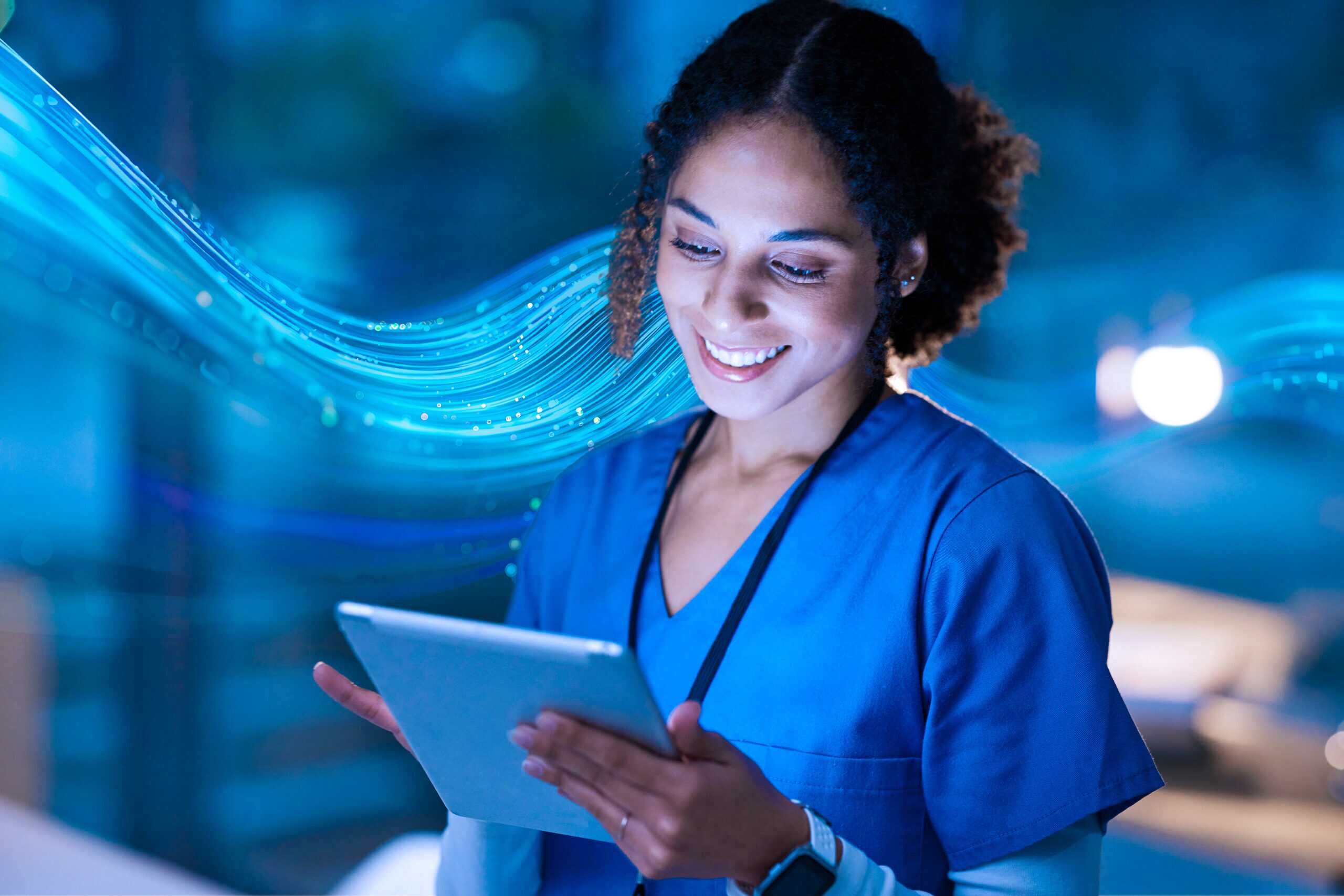Nurse, Medical Tablet And Black Woman In Hospital Working Late On Telehealth, Research Or Online Consultation. Tech, Healthcare Or Female Physician With Technology For Wellness App In Clinic At Night
