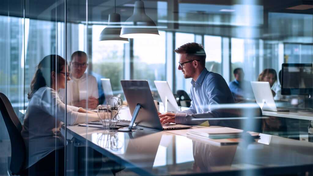 Photograph of a modern office setting showing four people engaged in a meeting around a desk with laptops and documents. In Modern Corporate Office With Business People Working