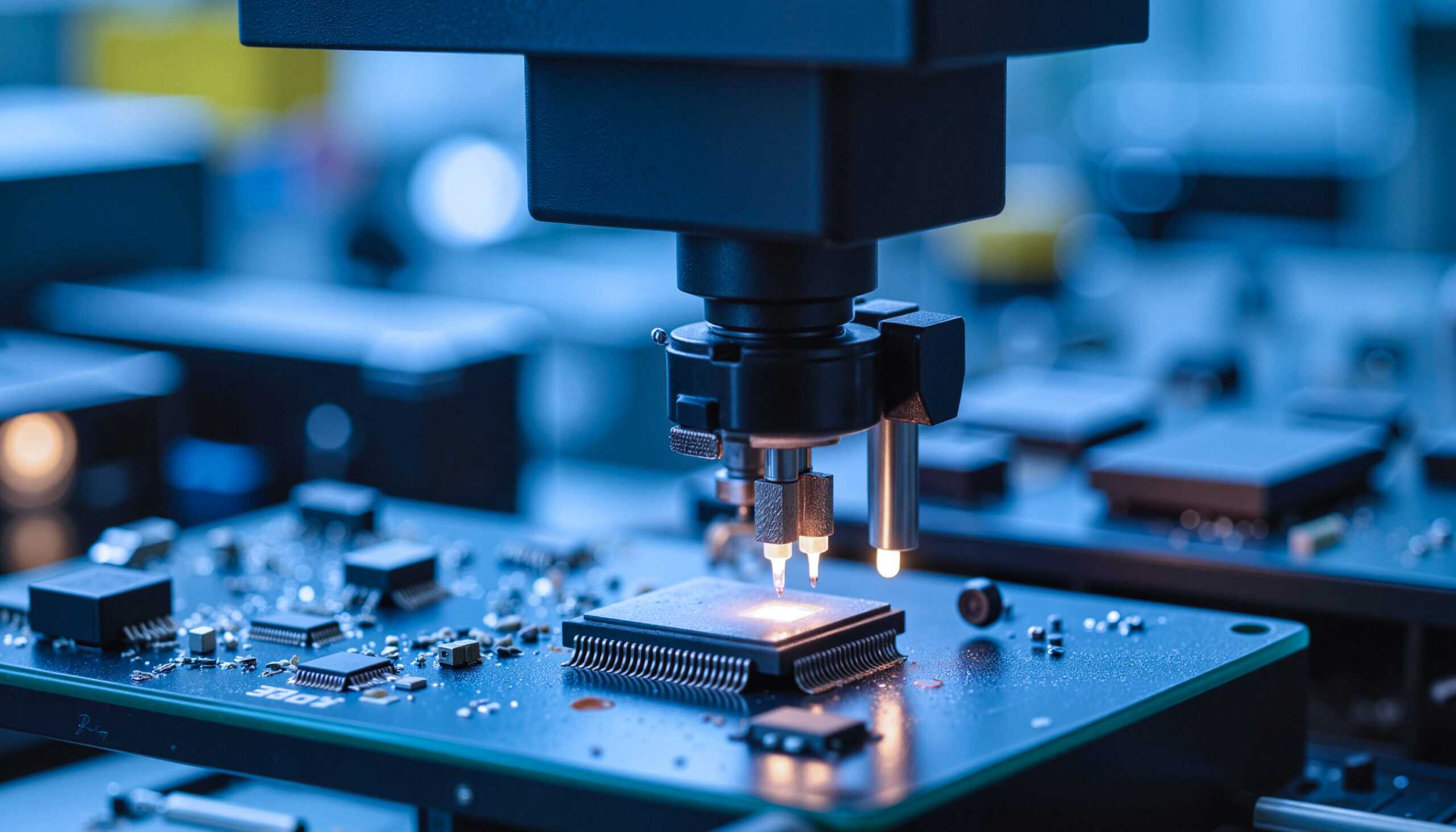 Microchip Assembly Process With Machinery In A Technology Lab