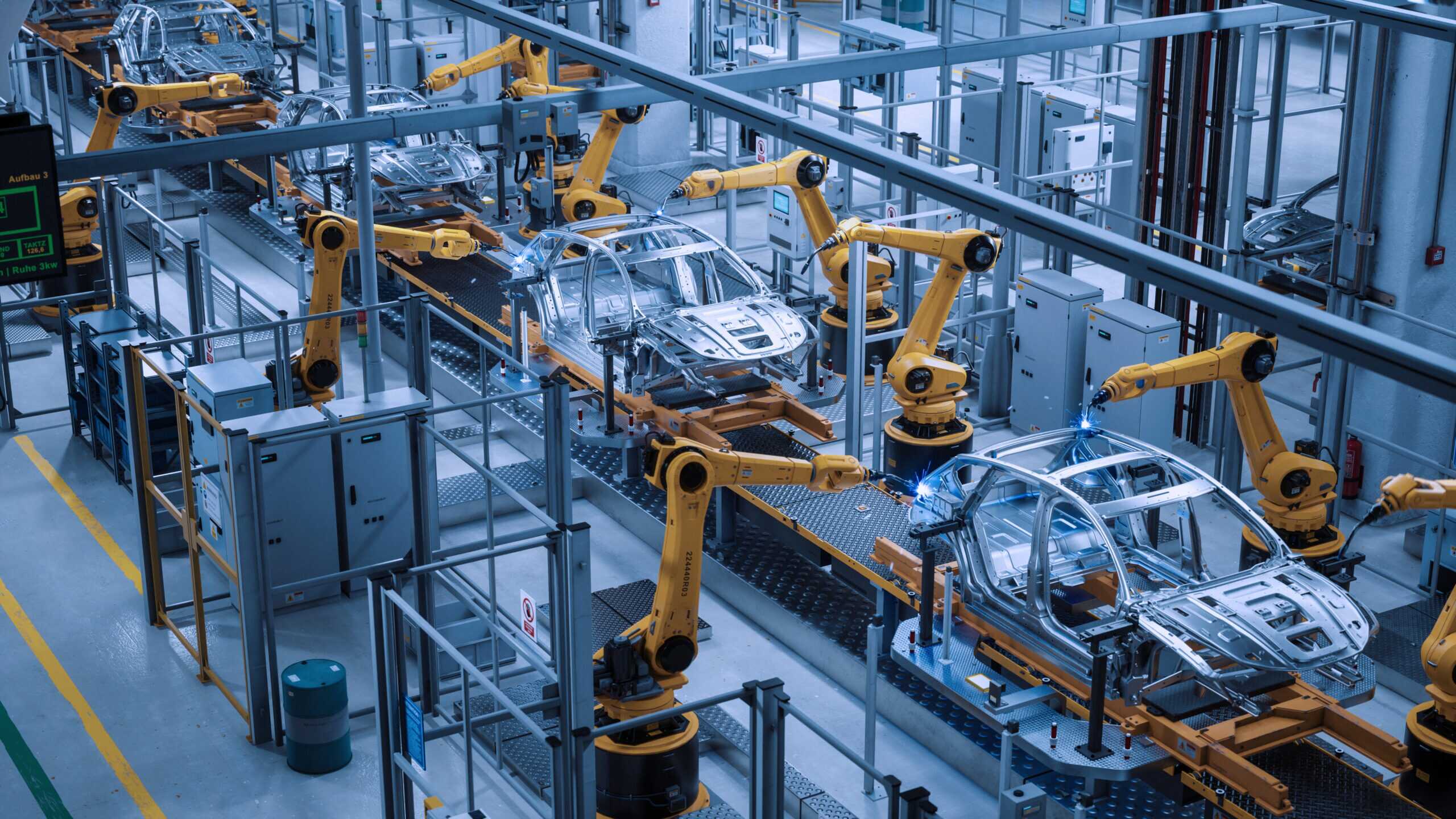 Car Factory 3d Concept: Automated Robot Arm Assembly Line Manufa