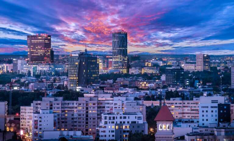 Aerial View Of The Business District In Bucharest, Romania At Su