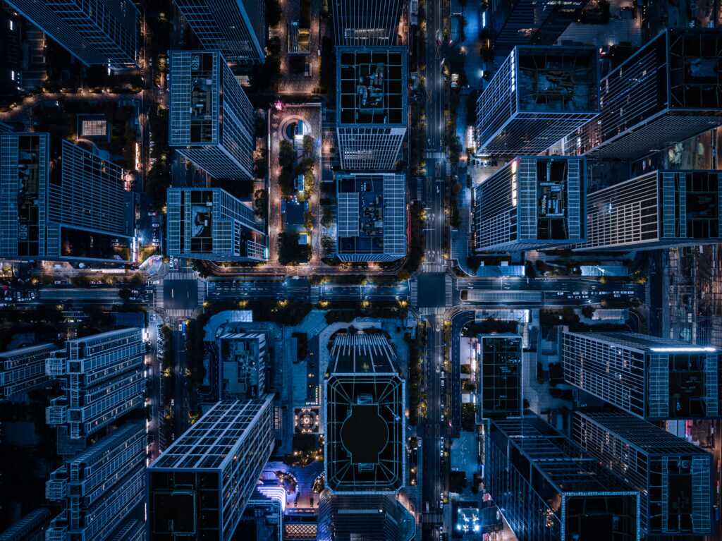 Top View Of Cityscape And Skyscrapers At Night